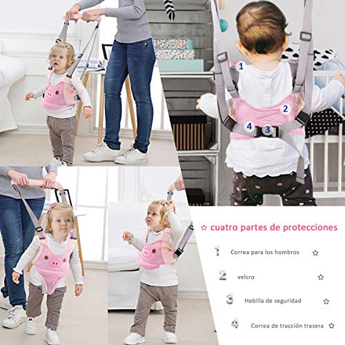 INPHER Arnes Bebe, Arneses Tirantes Respirables, Arnes para Caminar Primeros Pasos, Andador Chaleco Ajustable para Aprender Andar Niños, con 2 Cadenas para Chupetes, Rosa