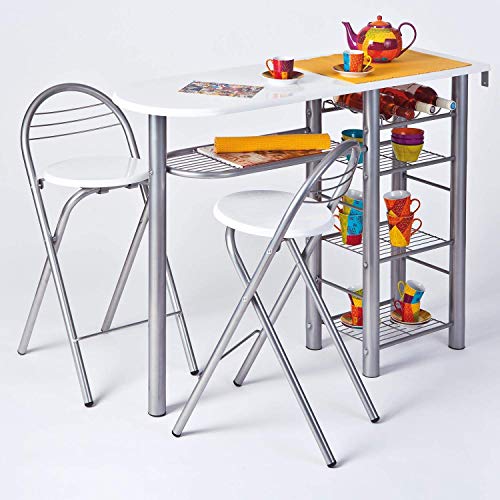 Inter Link Frolly 1 Mesa de Cocina con 2 taburetes de Bar MDF Blanco Metal Brillante Gris Plateado, Aluminio