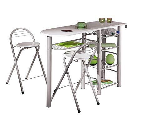 Inter Link Frolly 1 Mesa de Cocina con 2 taburetes de Bar MDF Blanco Metal Brillante Gris Plateado, Aluminio