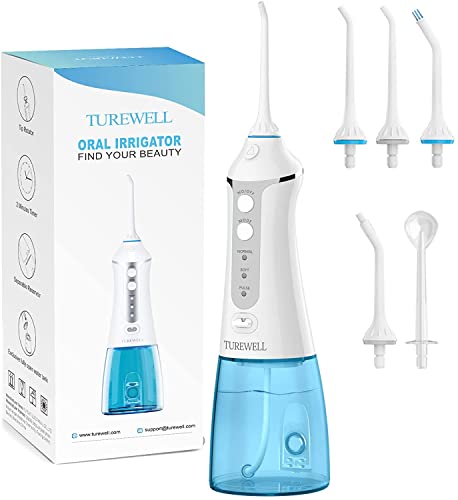 Irrigador Dental Profesional, 300ml Irrigador Bucal Portátil USB Recargable Impermeable IPX7 y 3 Modos con 5 Boquillas Multifuncionales para Familia y Viajar