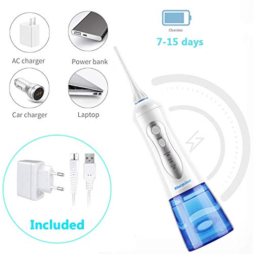 Irrigador Dental Profesional Portátil 300ml, Irrigador Bucal Recargable Impermeable IPX7 y 3 Modos Irrigador Dental de Viaje 6 Recambios Accesorios de Irrigadores Dentales Morpilot Water Flosser