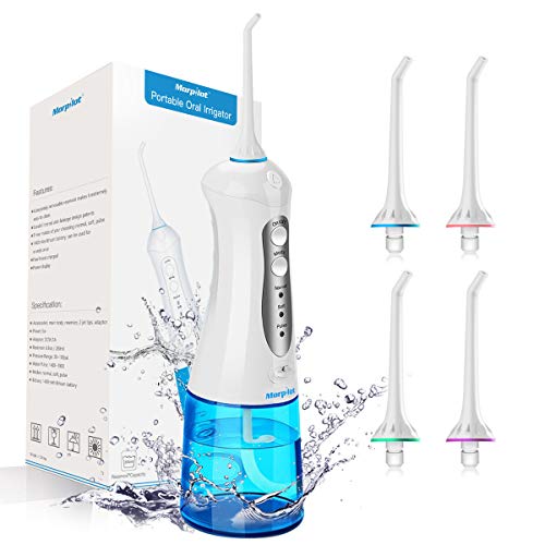 Irrigador Dental Profesional Portátil 300ml, Irrigador Bucal Recargable Impermeable IPX7 y 3 Modos Irrigador Dental de Viaje 6 Recambios Accesorios de Irrigadores Dentales Morpilot Water Flosser