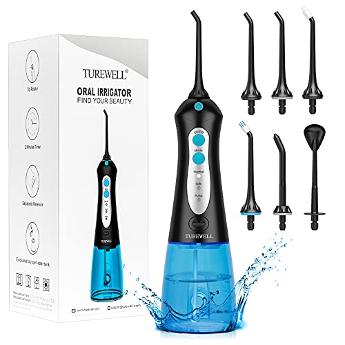 Irrigadores Bucales Portatil -TUREWELL Irrigador Dental con 6 Boquillas 3 Modos,IPX7 Impermeable,Recargable para Limpieza Dental, 300ML Irrigador Oral Portatil Profesional de Familia y Viajar