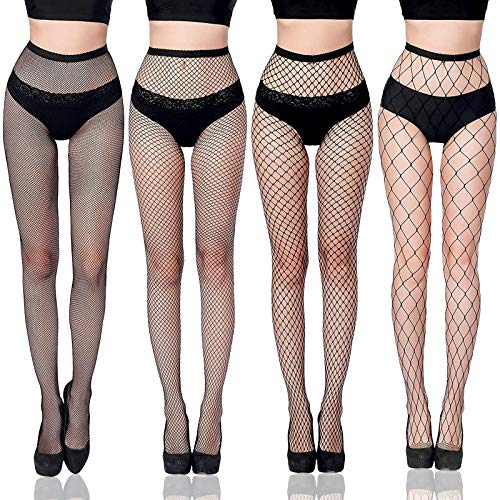 ISIYINER Medias de Rejilla Sexy Elástico Calcetines de Rejilla Medias de Malla Pantimedias para Mujer Fishnet Tights Negro 4 Pares