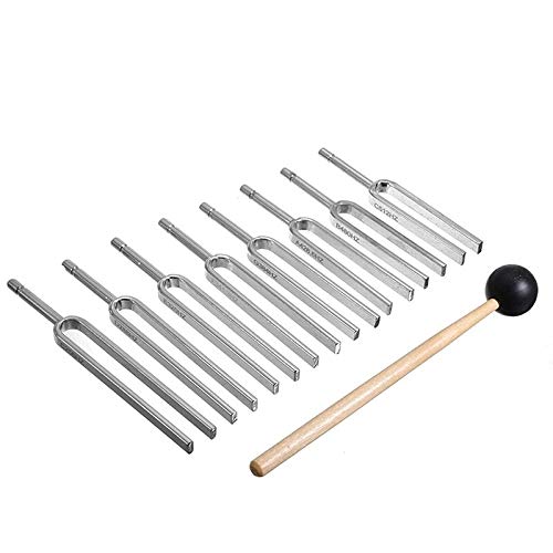 JAP768 8pcs 256-512Hz Sintonización de Acero Sintonización de la Horquilla Sonido Terapia de vibración Chakra Mallet Terapia de vibración Herramientas médicas con Caja de Madera