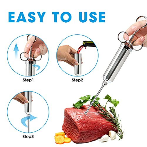 Jeringa Cocina da Acero INOX con 3 Agujas Aprobado por la FDA 304 jeringa de Alimentos con Sabor a Adobo de Acero Inoxidable para Pavo de Res BBQ 60 ml 2 oz con 2 Cepillos