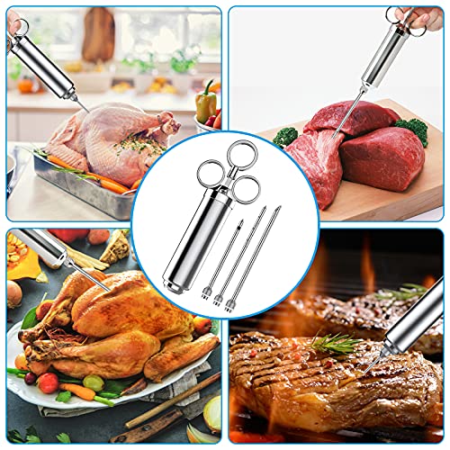 Jeringa Cocina da Acero INOX con 3 Agujas Aprobado por la FDA 304 jeringa de Alimentos con Sabor a Adobo de Acero Inoxidable para Pavo de Res BBQ 60 ml 2 oz con 2 Cepillos