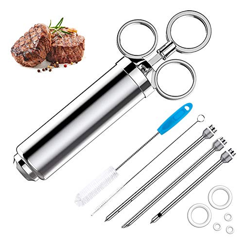 Jeringa Cocina da Acero INOX con 3 Agujas Aprobado por la FDA 304 jeringa de Alimentos con Sabor a Adobo de Acero Inoxidable para Pavo de Res BBQ 60 ml 2 oz con 2 Cepillos