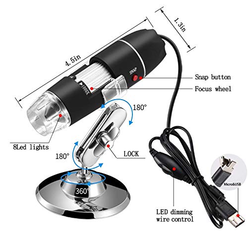 Jiusion 40 A 1000 x endoscopio, 8 LED USB 2.0 Digital Microscopio, Mini cámara con OTG Adaptador y Metal Soporte, Compatible con Mac Window 7 8 10 Android Linux