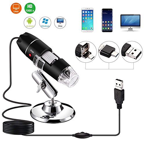 Jiusion 40 A 1000 x endoscopio, 8 LED USB 2.0 Digital Microscopio, Mini cámara con OTG Adaptador y Metal Soporte, Compatible con Mac Window 7 8 10 Android Linux