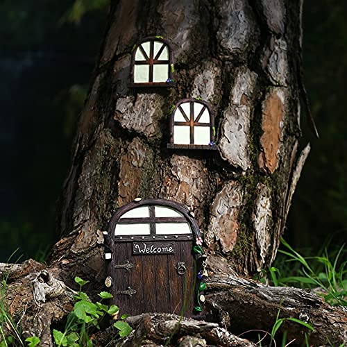 JOMYO Puerta Ratoncito Perez, Jardin Elfes Porte, Resplandor En La Escultura De Resina Oscura, Conjunto De Ventanas De La Puerta De Hadas En Miniatura, DIY Fairy Garden Wall Decoration, Estatua De Fig