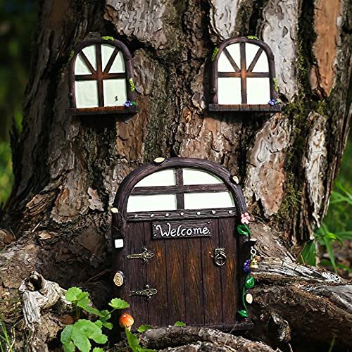 JOMYO Puerta Ratoncito Perez, Jardin Elfes Porte, Resplandor En La Escultura De Resina Oscura, Conjunto De Ventanas De La Puerta De Hadas En Miniatura, DIY Fairy Garden Wall Decoration, Estatua De Fig