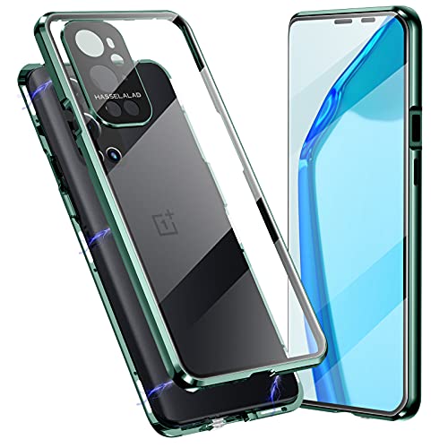 Jonwelsy Funda para Oneplus 9 Pro, Adsorción Magnética Parachoques Metal con 360 Grados Protección Case Cover Transparente Ambos Lados Vidrio Templado Cubierta para 1+9 Pro (Verde)