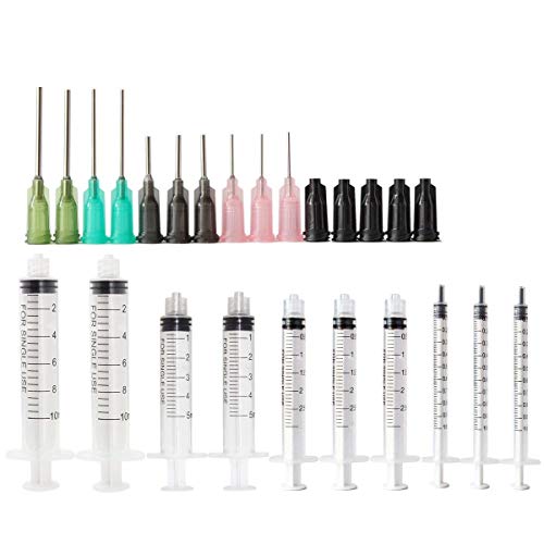 Juego de jeringas 10ml, 5ml, 2ml, 1ml Luer Lock Jeringa Punta y punta roma - Punta roma 14ga 16ga 18ga 20ga Agujas romas - Aplicador de aceite o pegamento (10 piezas)