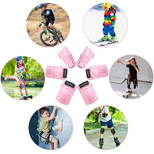 Juego de protecciones para niños, ajustable, rodilleras, muñequeras y coderas protectoras deportivas para monopatín, patines, BMX, bicicleta, protección para niña, 6 – 10 años, blanco/rosa