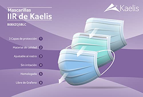 Kaelis Mascarilla quirúrgica homologada Tipo IIR – Caja 50 unidades - Mascarillas desechables - Sin grafeno – Eficacia de filtración ≥ 98% - 3 capas