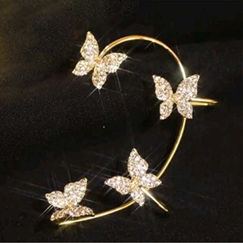 Kasituoer A Pair of Sparkling Zircon Butterfly Earrings, Vintage Ear Cuff Earrings Wrap Around, Dangle Ear Cuff Earrings Without Pierced Earrings for Women Girl (Golden, 1pair(Left+Right))