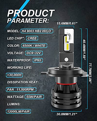 KATUR H4 9003 HB2 Bombillas para Faros Hi/Lo diseño Mini CREE Enhanced Chips 12000 LM Todo en uno Kit de conversión LED Impermeable 55W 6500K Xenón Blanco - 2 años de garantía