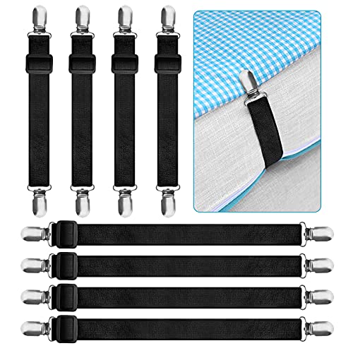 KEELYY Sujetadores para Sábanas 8 Piezas Ajustables Elásticos Correas Cama Clips para Sábana Bajera Fundas de Colchón Sofá (Negro)