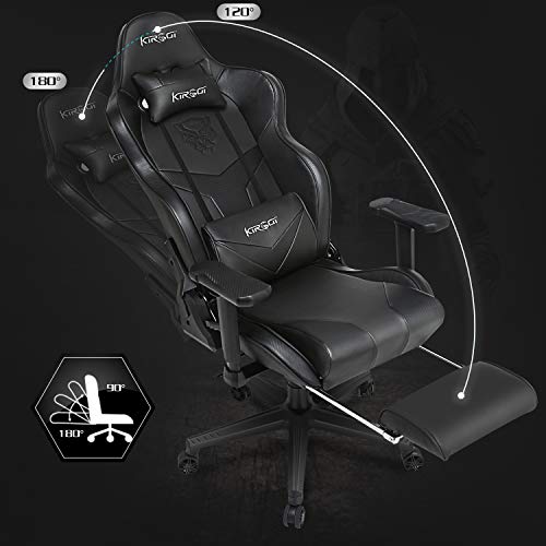 Kirogi Silla Gaming, Silla Gamers con reposapiés, Silla ergonómica de Ordenador con Soporte Lumbar, PC Silla de Adultos para Juegos, Silla Oficina Grande con Cuero de Fibra de Carbono.Negro