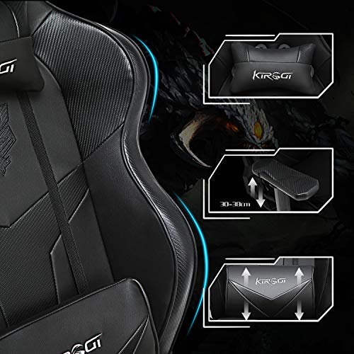 Kirogi Silla Gaming, Silla Gamers con reposapiés, Silla ergonómica de Ordenador con Soporte Lumbar, PC Silla de Adultos para Juegos, Silla Oficina Grande con Cuero de Fibra de Carbono.Negro