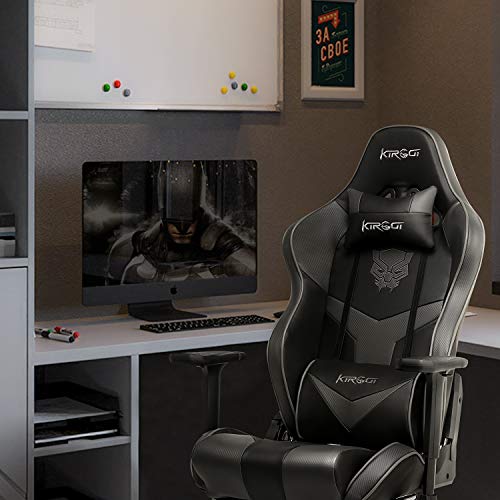 Kirogi Silla Gaming, Silla Gamers con reposapiés, Silla ergonómica de Ordenador con Soporte Lumbar, PC Silla de Adultos para Juegos, Silla Oficina Grande con Cuero de Fibra de Carbono.Negro