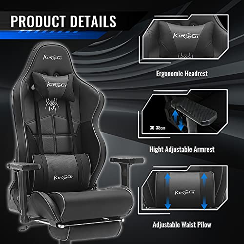 Kirogi Silla Gaming, Silla Gamers con reposapiés, Silla ergonómica de Ordenador, Silla reclinable de Adultos para Juegos de PC, Silla de Oficina Grande con Cuero de Fibra de Carbono.Gris