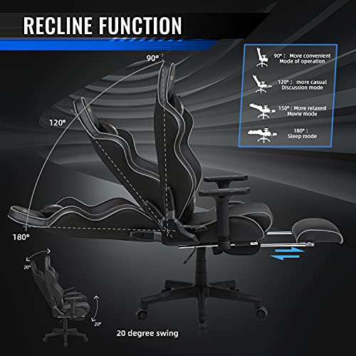 Kirogi Silla Gaming, Silla Gamers con reposapiés, Silla ergonómica de Ordenador, Silla reclinable de Adultos para Juegos de PC, Silla de Oficina Grande con Cuero de Fibra de Carbono.Gris