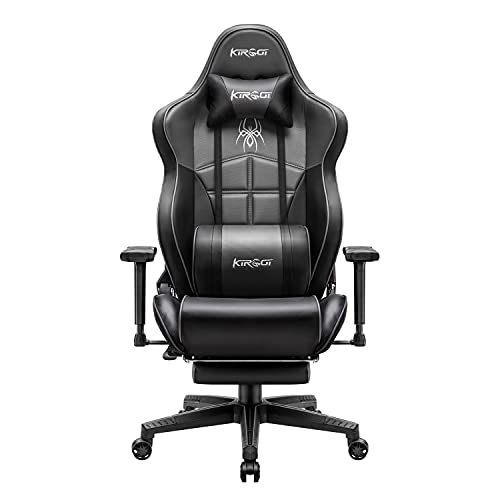 Kirogi Silla Gaming, Silla Gamers con reposapiés, Silla ergonómica de Ordenador, Silla reclinable de Adultos para Juegos de PC, Silla de Oficina Grande con Cuero de Fibra de Carbono.Gris