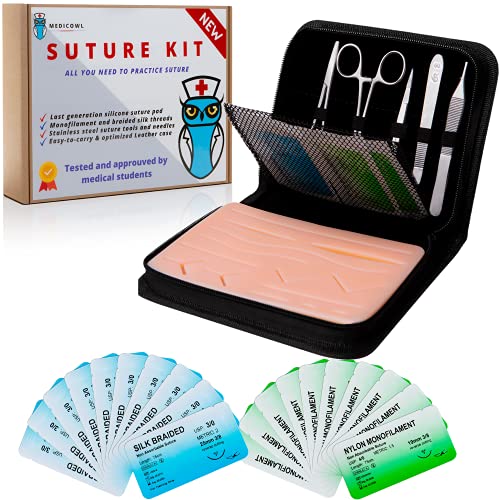 Kit de sutura quirúrgica para practicar | video de aprendizaje en español | 29 piezas en un estuche compartimentado | piel artificial | Regalo ideal para estudiantes de medicina y veterinarios