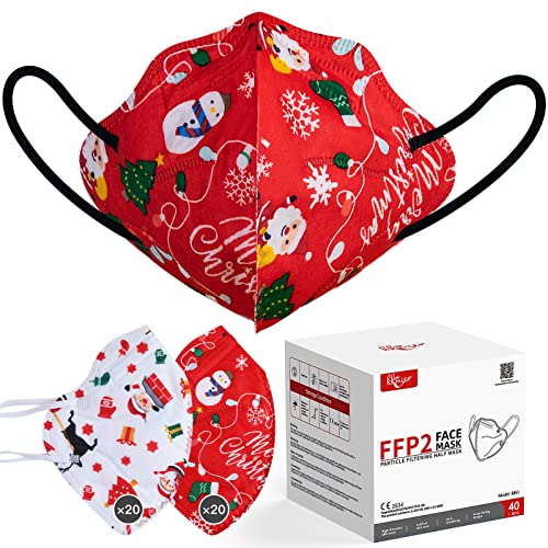 KKmier Mascarillas FFP2 de Navidad 40 Pcs, Mascarillas [Certificada CE 2834] con Pendientes Elásticos , Protección de 5 capas y Filtración de Partículas (EFP) ≥95%.