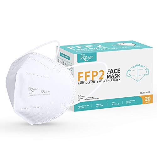 KKmier Mascarillas FFP2 Homologadas, Mascarilla (20 Pack) ffp2 con Pendientes Elásticos y Clip Nariz Adaptable, Protección de 5 capas y Filtración de Partículas (EFP) ≥95% [Certificada CE 2163]