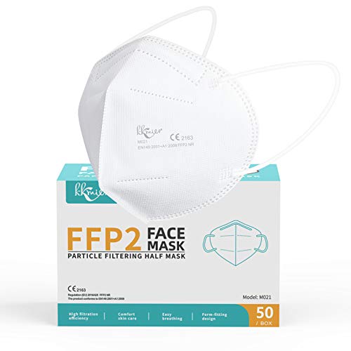 KKmier Mascarillas FFP2 Homologadas, Mascarilla (50 Pack) ffp2 con Pendientes Elásticos y Clip Nariz Adaptable, Protección de 5 capas y Filtración de Partículas (EFP) ≥95% [Certificada CE 2163]