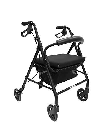 KMINA - Andador para ancianos, Andador plegable, Andadores para ancianos 4 ruedas, Andadores adultos, Andador con Asiento, Andador para ancianos con asiento, COMFORT Negro Freno Maneta