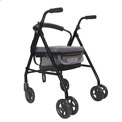 KMINA - Andador para ancianos, Andador plegable, Andadores para ancianos, Andadores adultos 4 ruedas, Andador con Asiento, Andador para ancianos con asiento, COMFORT Gris Freno Presión