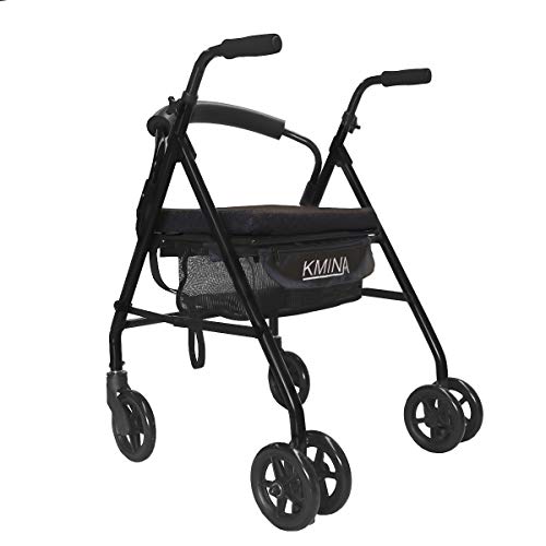 KMINA - Andador para ancianos, Andador plegable, Andadores para ancianos, Andadores adultos 4 ruedas, Andador para ancianos con asiento, Andador con frenos por presión, COMFORT Negro Freno Presión