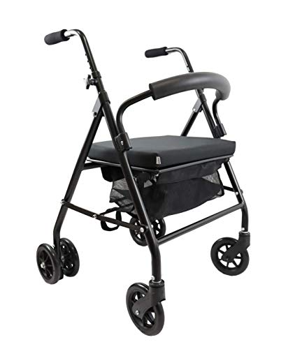 KMINA - Andador para ancianos, Andador plegable, Andadores para ancianos, Andadores adultos 4 ruedas, Andador para ancianos con asiento, Andador con frenos por presión, COMFORT Negro Freno Presión