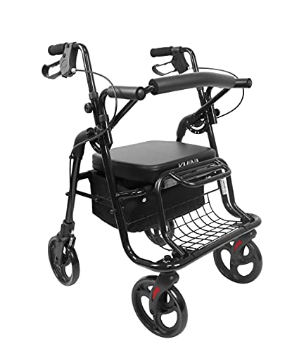 KMINA - Andador Silla de Ruedas (2 en 1), Andador para Ancianos, Andadores con Asiento para Ancianos, Andadores Adultos Aluminio, Andador Ancianos Altura Regulable, Color negro.