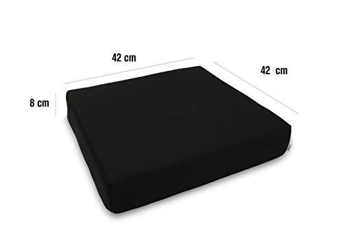 KMINA - Cojín Antiescaras con Tejido 3D (42x42x8 cm), Cojín Antiescaras para Silla de Ruedas, Cojín Antiescaras Espuma Viscoelásatica 4cm + Poliuretano 4cm, Funda Transpirable, Negro