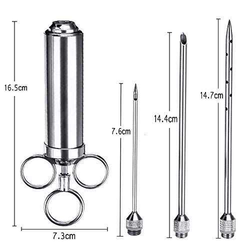 knowing Jeringa para Carne de Acero Inoxidable,Jeringa para Adobos Marinados,con 2 Agujas,Escabeche Salmuera Inyector de condimento, Plata