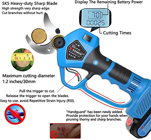 KOMOK Tijeras de Podar Eléctricas a Batería con Pantalla LED Guardamanos 2 Piezas de Baterías de Litio Recargables 2Ah 30 MM (1.2 Pulgadas), 6-8 Horas de Trabajo （Azul）