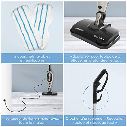 KotiCidsin Mopa a vapor, Limpiador a Vapor con Multifunción 14 en 1,Elimina 99,9% de Virus y Bacterias, 1500w, 330ml,Calentamiento en 25s,Cable 5 Metros,Adecuado para Alfombra,Madera,Laminado