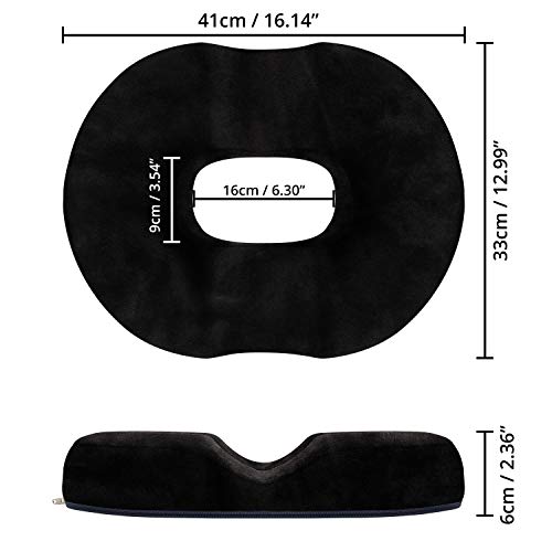 Kovira Cojín para Coxis Espuma de Memoria – Mide 41 x 33 x 6 cm – Funda de Terciopelo Negro - Cojín Hemorroides Ortopédico para Coxis, Almorranas, Dolor Rabadilla, Próstata – Hogar, Coche, Oficina