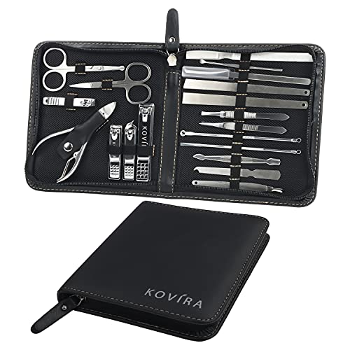 Kovira Kit Manicura y Pedicura con Cortaúñas (Pack de 19) Set Aseo Profesional Acero Inoxidable para Cuidado Cutícula y Uñas de los Pies para Hombres y Mujeres – Set Manicura Estuche Cuero Sintético