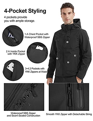 KUTOOK Chaqueta Cortavientos Hombre Chaqueta Softshell Invierno Impermeable con Capucha Extraíble para Trekking Senderismo Escalada Running Las Actividades Al Aire Libre y El Uso Cotidiano(S)