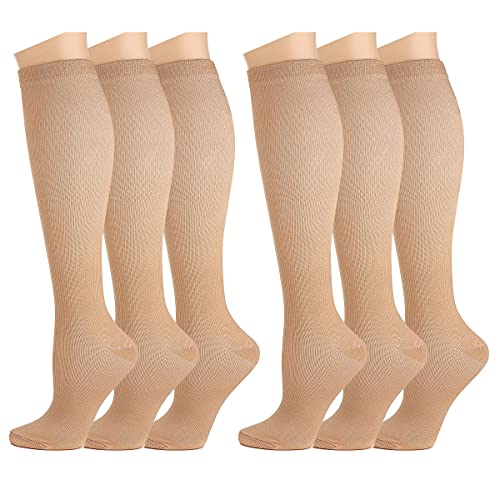 Kuzimua 6 Pares Calcetines/ Medias de Compresión para Hombres y Mujeres, Running, Deporte, Correr, Senderismo, Volar, Viajar, Varicosas, Embarazo y Médicos (Marrón, m)