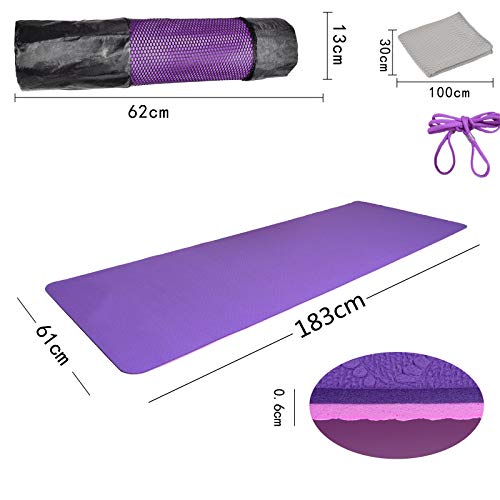 L LONGANCHANG Esterilla Yoga Deporte, Antideslizante TPE Ecológico Yoga Mat, Colchoneta Gimnasia Fitness Alfombrilla Gimnasio para Ejercicio en Casa, con Bolsa y Toalla, 183 x 61 x 0,6 CM, Violeta