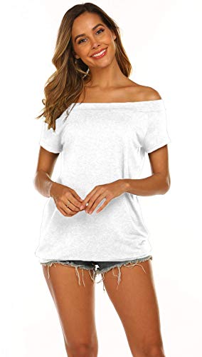 Lalala Camiseta larga para mujer, parte superior elegante, sin hombros, manga corta/manga larga, A-blanco., M