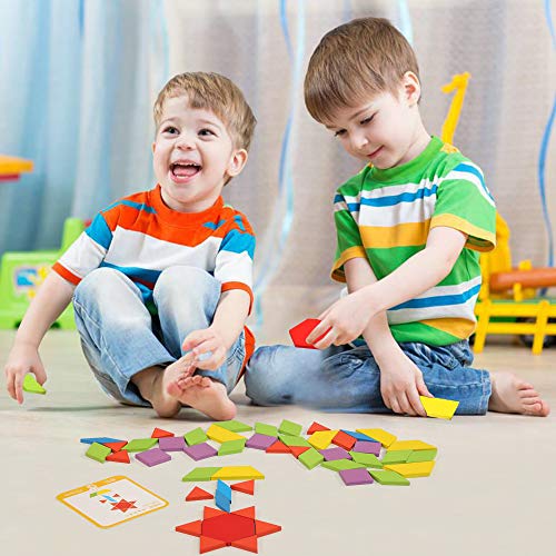 LEADSTAR Tangram Puzzle, Tangram Madera Shapes Puzzle Set Rompecabezas Tangram de Madera Kids Educativos Juegos y Juguetes con 155 Piezas de Formas Geométricas y 24 Diseños