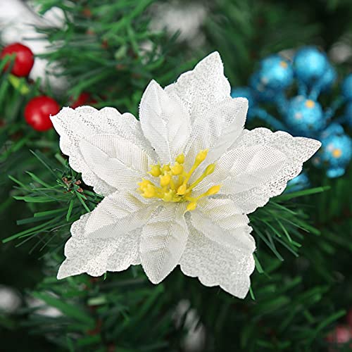 LEMCC 20 flores de Navidad con purpurina dorada de 9 cm de Poinsettia artificiales con clips, adornos de árbol de Navidad, flores de Navidad para árbol de Navidad, decoración de bodas, festivales